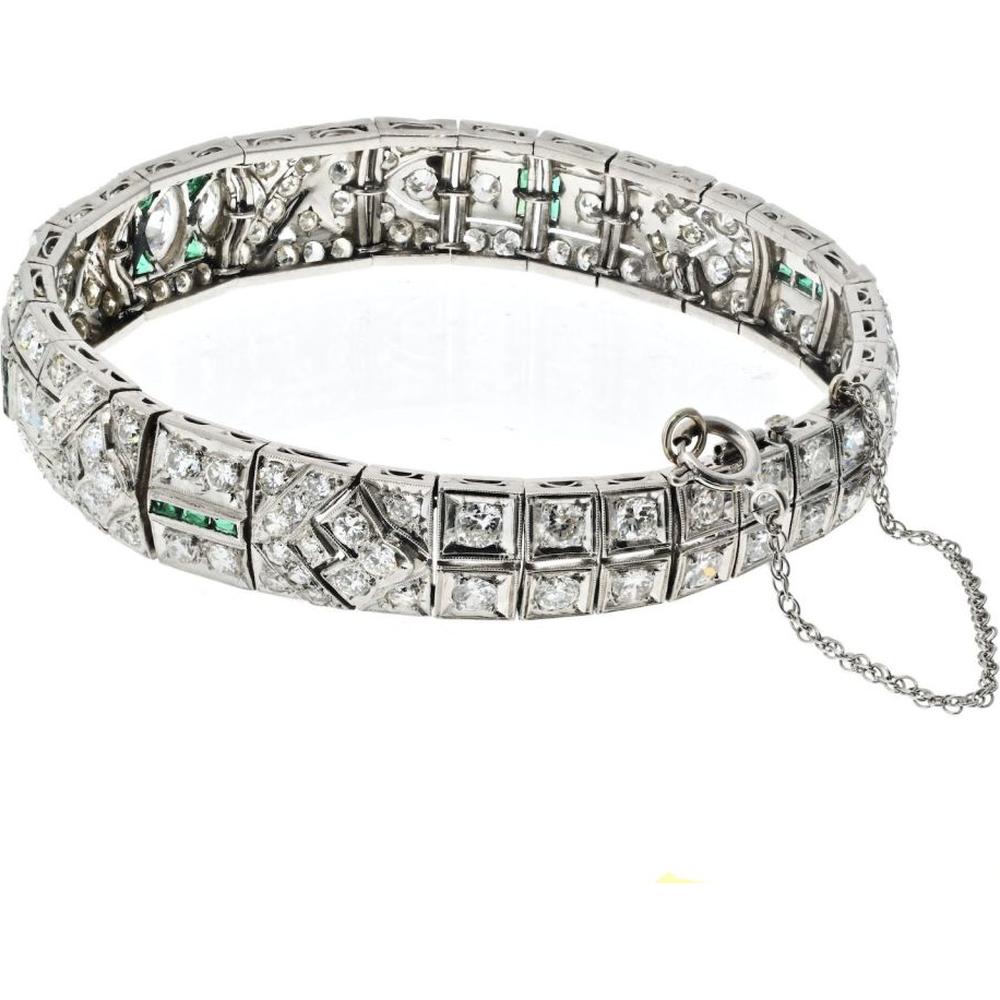 Platinum Art Deco Bracelet with 8.50 Carats Total Diamond Weight and Emerald Accents