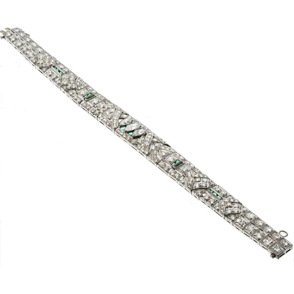 Platinum Art Deco Bracelet with 8.50 Carats Total Diamond Weight and Emerald Accents
