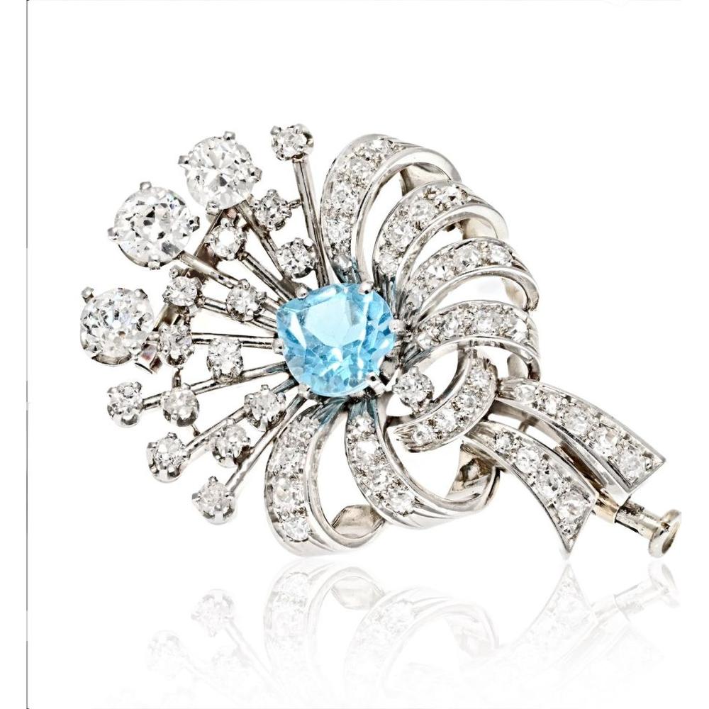 Platinum Art Deco Brooch with Aquamarine and Old Cut Diamonds - 3.00 Carats Total Diamond Weight