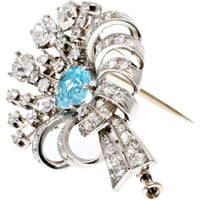 Platinum Art Deco Brooch with Aquamarine and Old Cut Diamonds - 3.00 Carats Total Diamond Weight