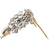 Platinum Art Deco Brooch with Aquamarine and Old Cut Diamonds - 3.00 Carats Total Diamond Weight