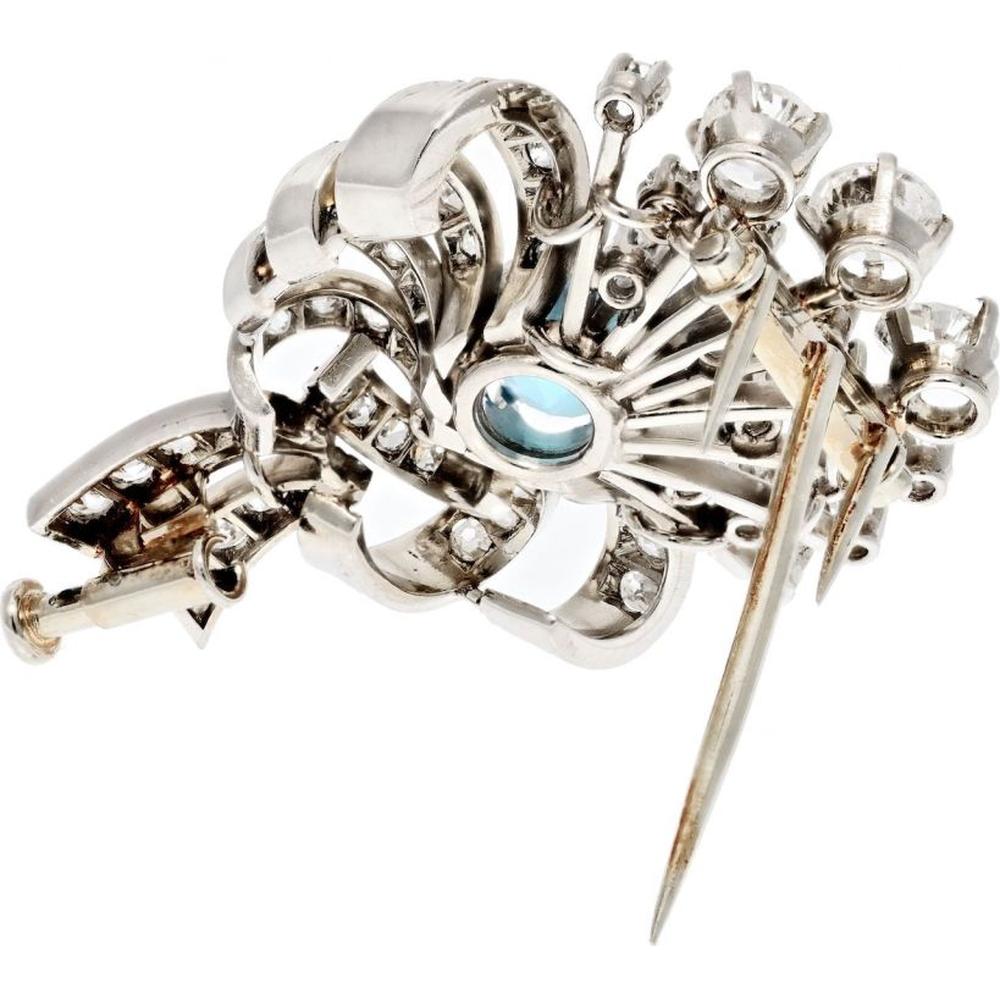 Platinum Art Deco Brooch with Aquamarine and Old Cut Diamonds - 3.00 Carats Total Diamond Weight