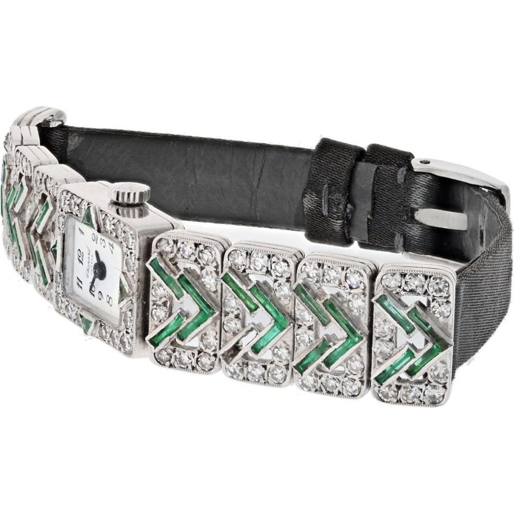 Platinum Art Deco Diamond and Emerald Chopard Watch with Satin Black Band - Manual Wind Movement