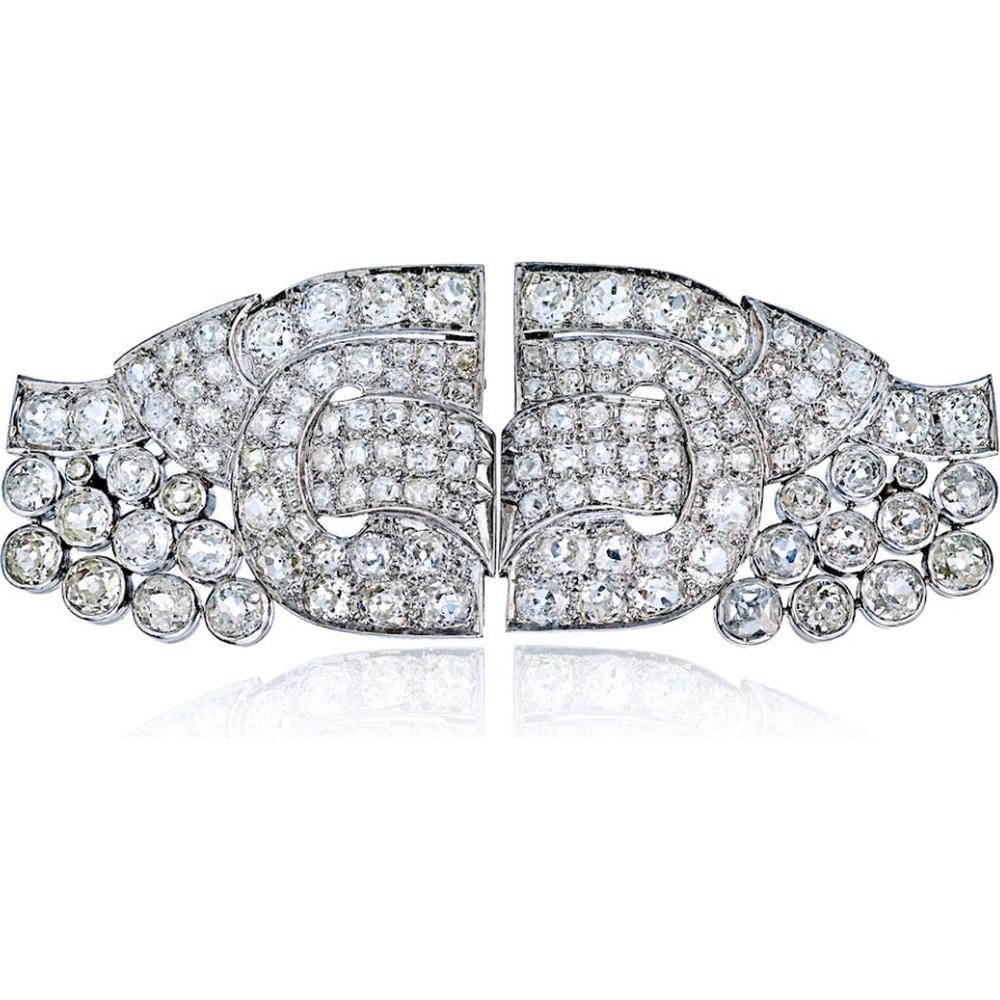 Platinum Art Deco Double Clip Brooch with 12.00 Carats Old Cut Diamonds