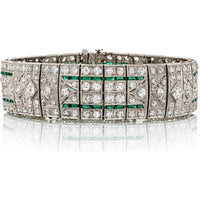 Platinum Art Deco Emerald & Diamond Bracelet with French Cut Emeralds - 25 Carats Total Diamond Weight