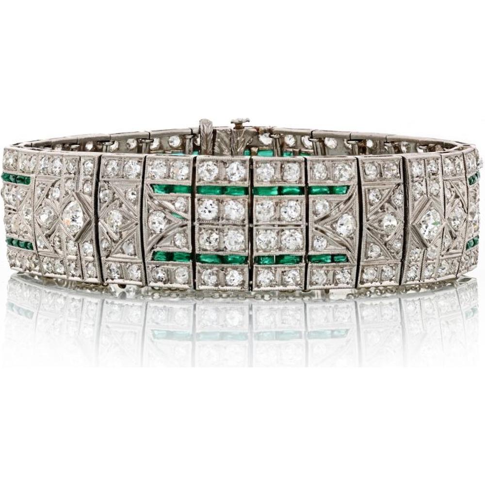 Platinum Art Deco Emerald & Diamond Bracelet with French Cut Emeralds - 25 Carats Total Diamond Weight