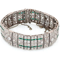 Platinum Art Deco Emerald & Diamond Bracelet with French Cut Emeralds - 25 Carats Total Diamond Weight