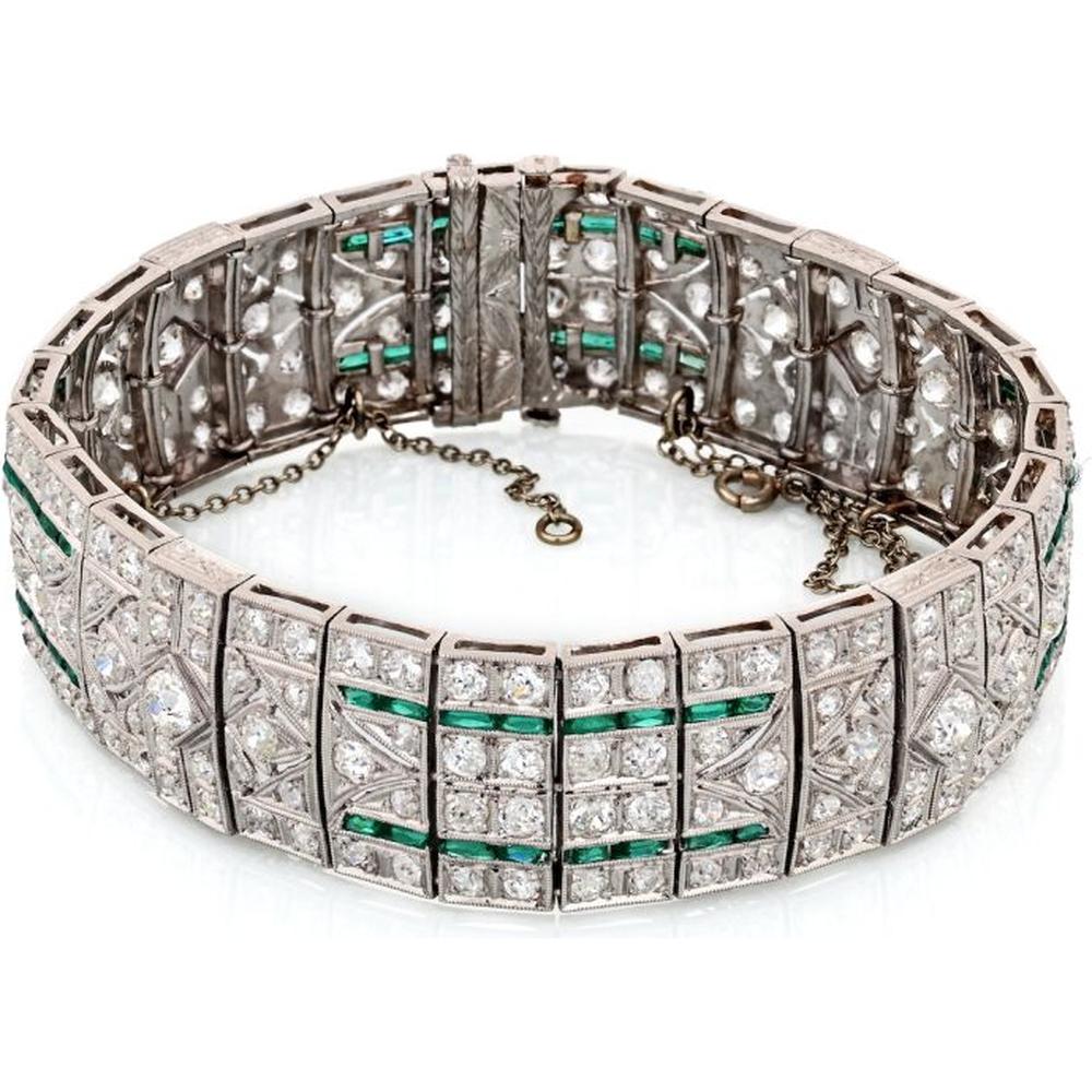 Platinum Art Deco Emerald & Diamond Bracelet with French Cut Emeralds - 25 Carats Total Diamond Weight