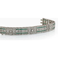 Platinum Art Deco Emerald & Diamond Bracelet with French Cut Emeralds - 25 Carats Total Diamond Weight