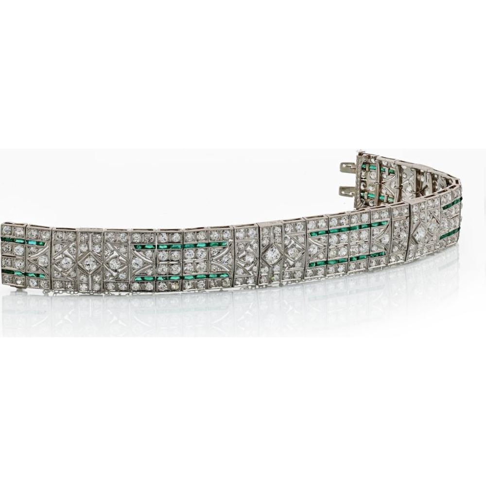Platinum Art Deco Emerald & Diamond Bracelet with French Cut Emeralds - 25 Carats Total Diamond Weight