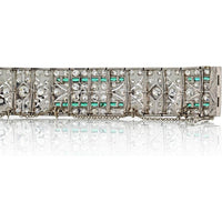 Platinum Art Deco Emerald & Diamond Bracelet with French Cut Emeralds - 25 Carats Total Diamond Weight