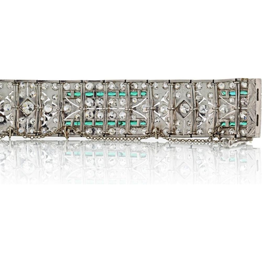 Platinum Art Deco Emerald & Diamond Bracelet with French Cut Emeralds - 25 Carats Total Diamond Weight