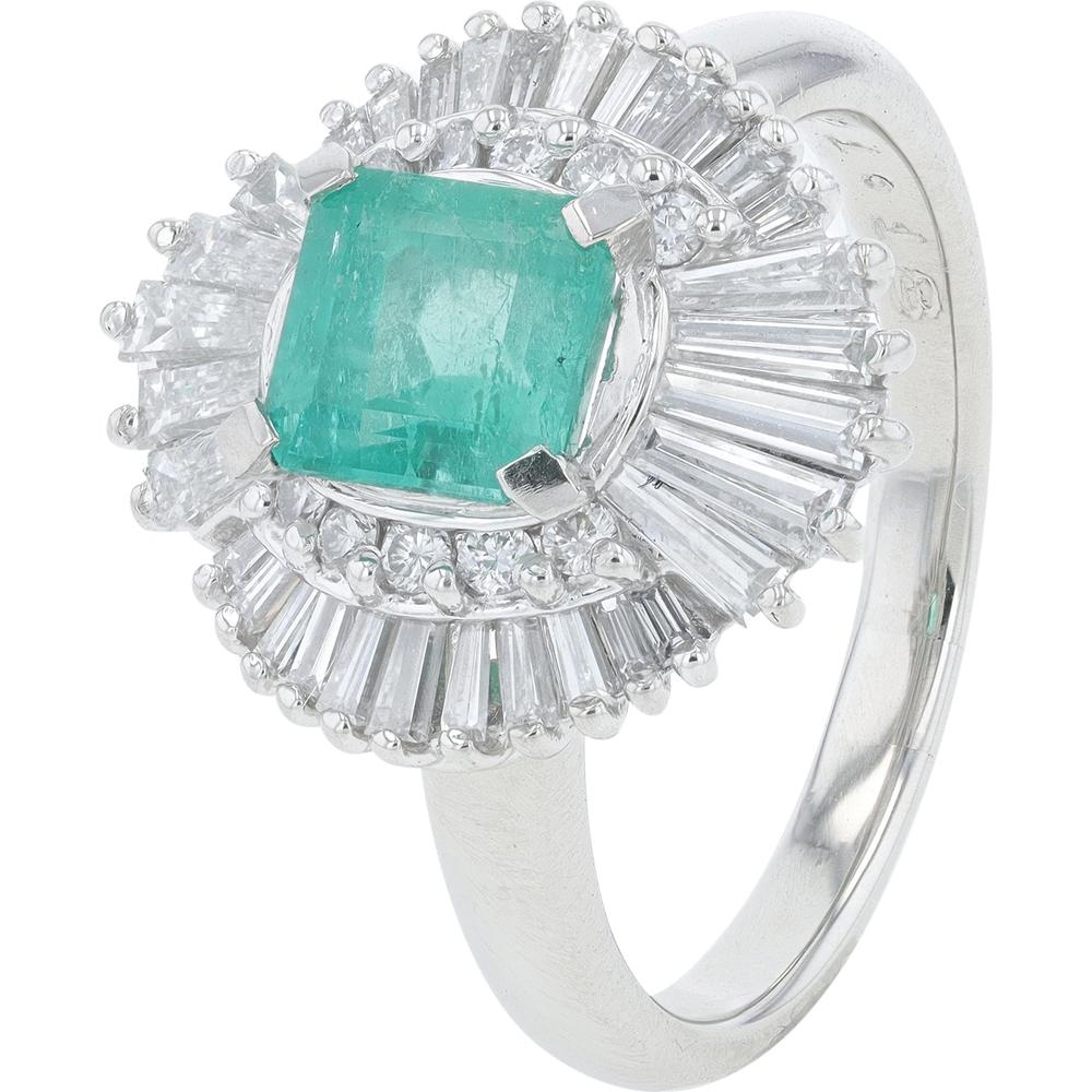 Platinum Ballerina Ring with 1.18 Carat Colombian Emerald and Diamond Halo - 0.92 Carat Total Diamond Weight