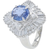 Platinum Ballerina Ring with 2.57 Carat No Heat Burma Sapphire and 1.86 Carat Diamond Halo