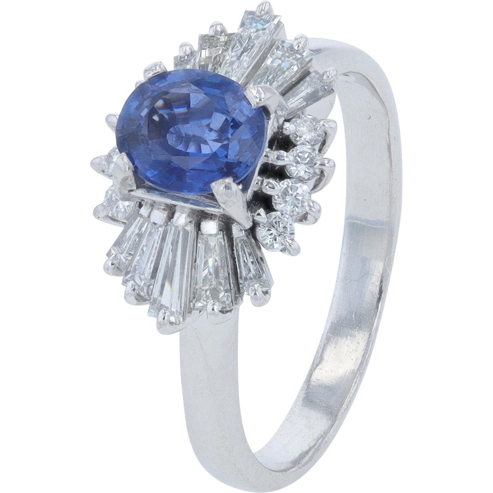 Platinum Ballerina-Style Ring with 1.08 Carat Oval Sapphire and 0.68 Carat Tapered Baguette and Round Diamonds
