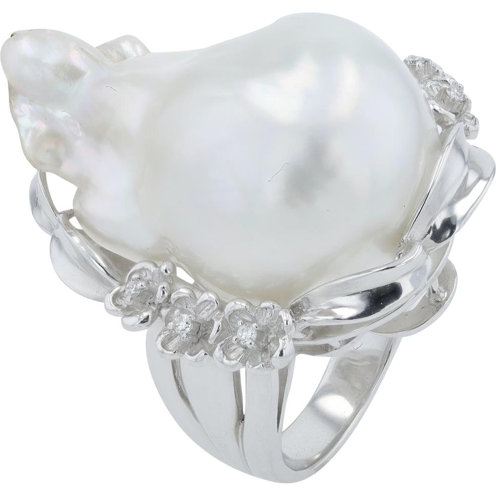 Platinum Baroque Pearl and Diamond Flower Cocktail Ring - 0.06 Carat Total Diamond Weight