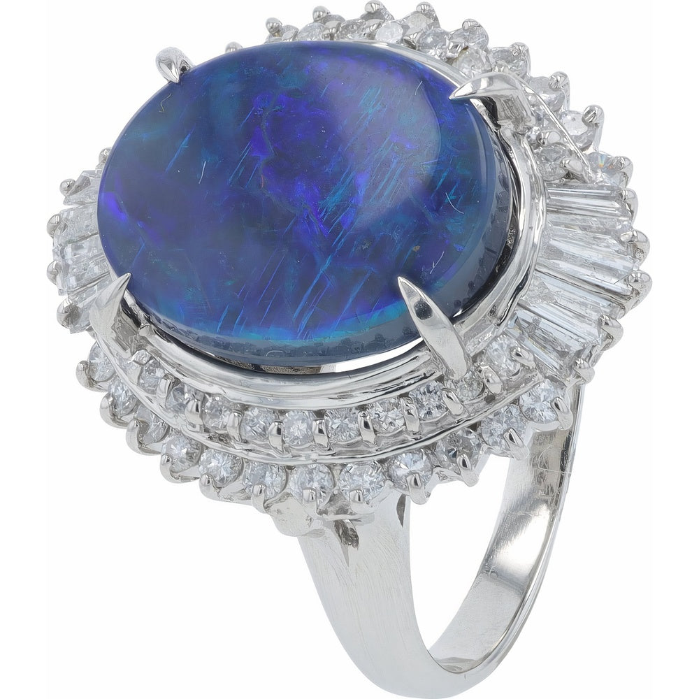Platinum Black Opal Halo Ring with Round and Baguette Diamonds - 4.17 Carat Opal and 0.80 Carat Total Diamond Weight