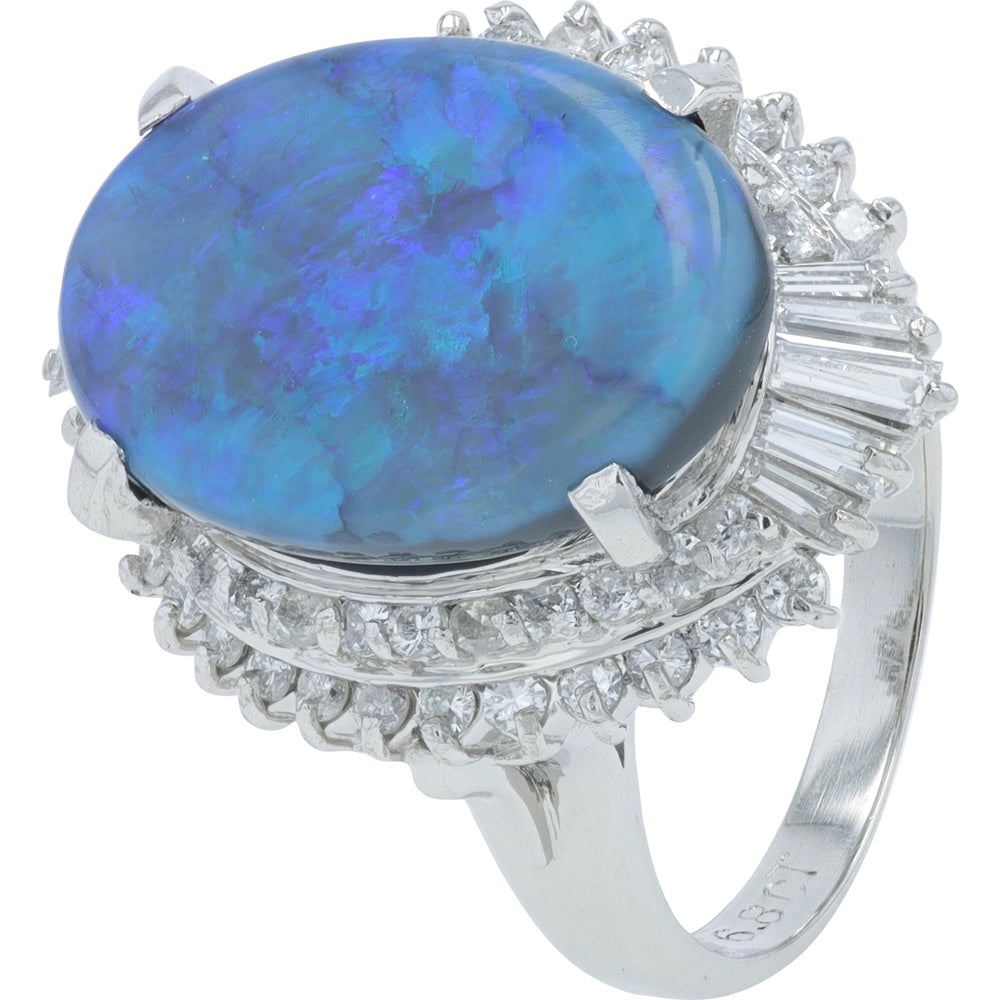 Platinum Black Opal Ring with Round and Baguette Diamond Halo - 6.80 Carat Total Opal Weight and 0.89 Carat Total Diamond Weight