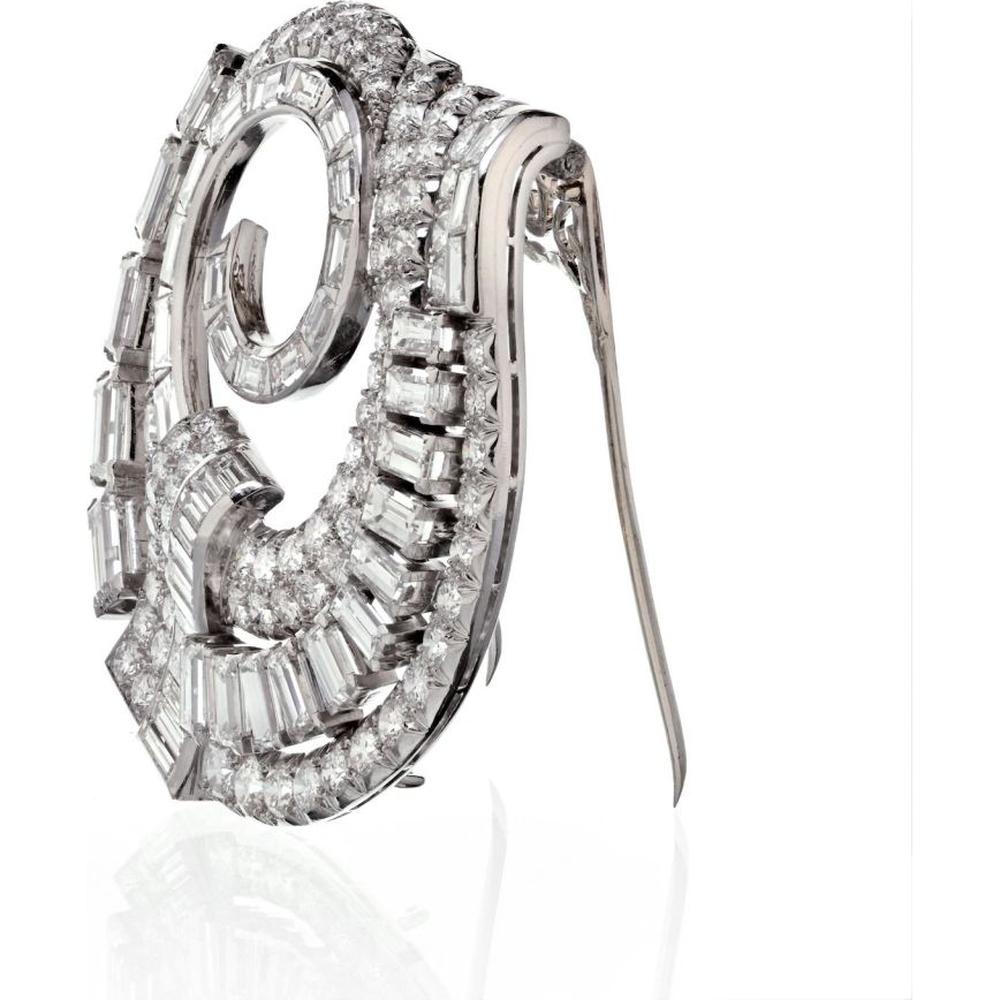 Platinum Brooch with Round and Baguette Diamonds - 27 Carats Total Diamond Weight