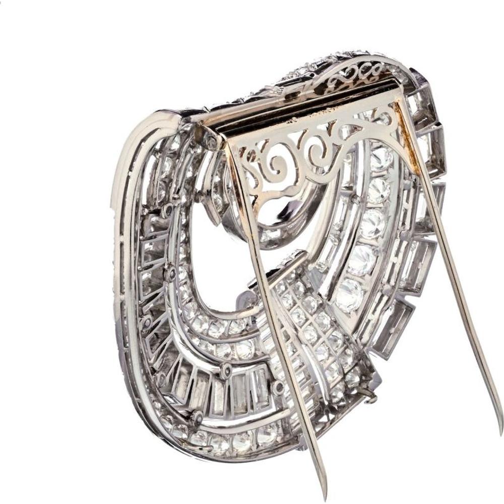 Platinum Brooch with Round and Baguette Diamonds - 27 Carats Total Diamond Weight