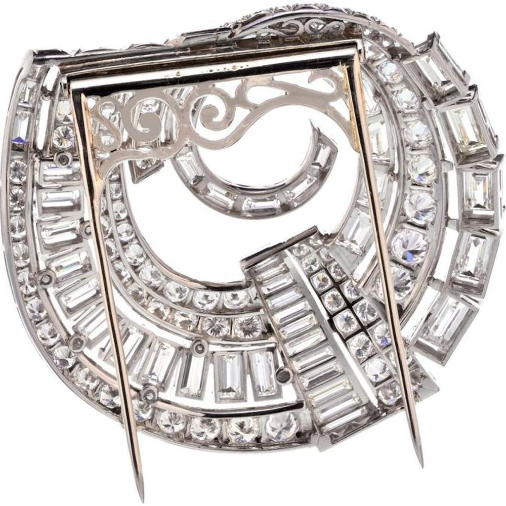 Platinum Brooch with Round and Baguette Diamonds - 27 Carats Total Diamond Weight