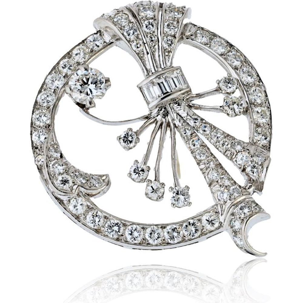 Platinum Brooch with Round and Baguette Diamonds in Floral Spray Motif - 4.00 Carat Total Diamond Weight