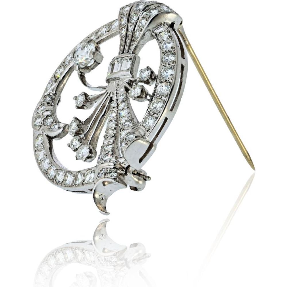 Platinum Brooch with Round and Baguette Diamonds in Floral Spray Motif - 4.00 Carat Total Diamond Weight