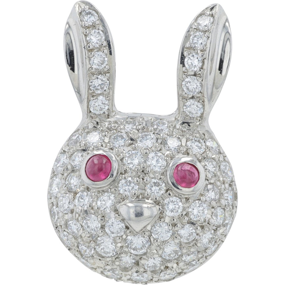 Platinum Bunny Brooch with Pavé-Set Round Diamonds and Cabochon Rubies - 0.87 Carat Total Diamond Weight and 0.12 Carat Ruby Weight