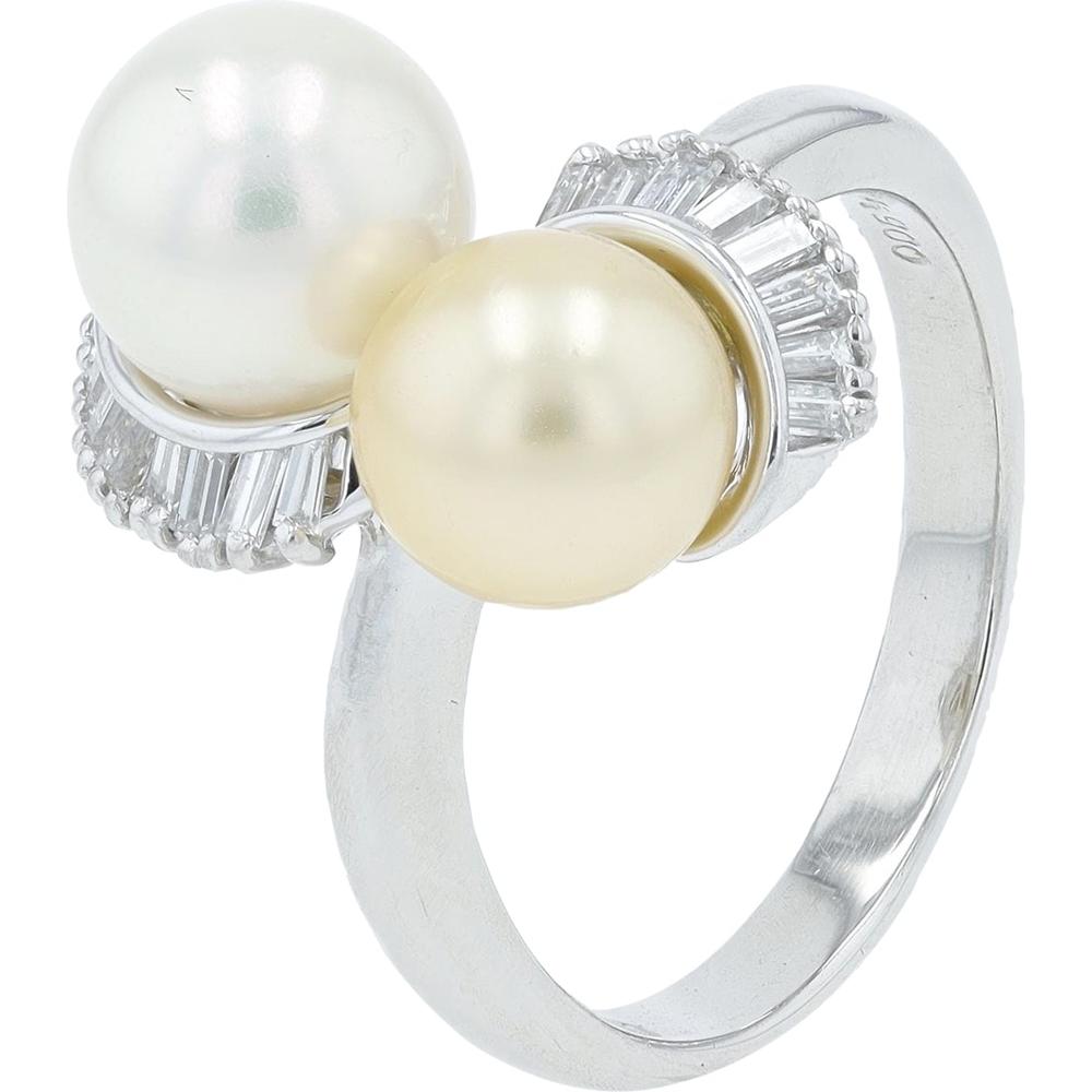 Platinum Bypass Ring with 7-8 mm Two-Tone Pearls and 0.25 Carats Total Baguette Diamonds