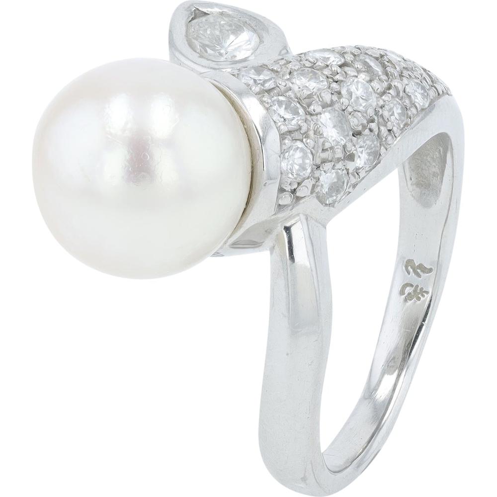 Platinum Bypass Ring with 9.6 MM Pearl and 0.48 Carats of Diamonds