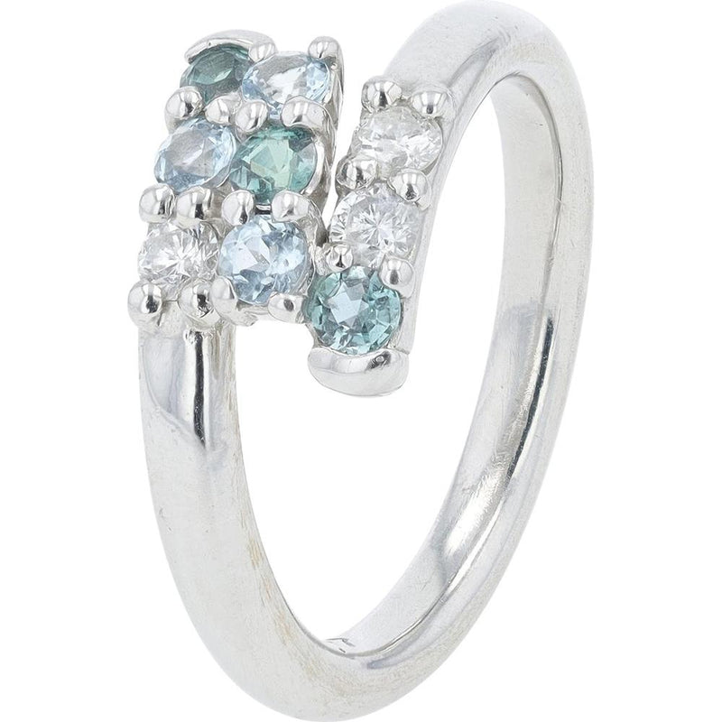 Platinum Bypass Ring with Alexandrite, Aquamarine, and Diamond Accents - 0.23 Carats Alexandrite, 0.17 Carats Aquamarine, 0.19 Carats Diamond