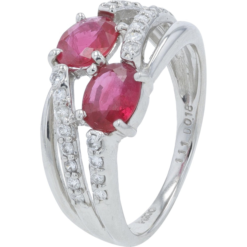 Platinum Bypass Ring with Oval Rubies and Diamond Accents - 1.11 Carat Total Ruby Weight, 0.18 Carat Total Diamond Weight