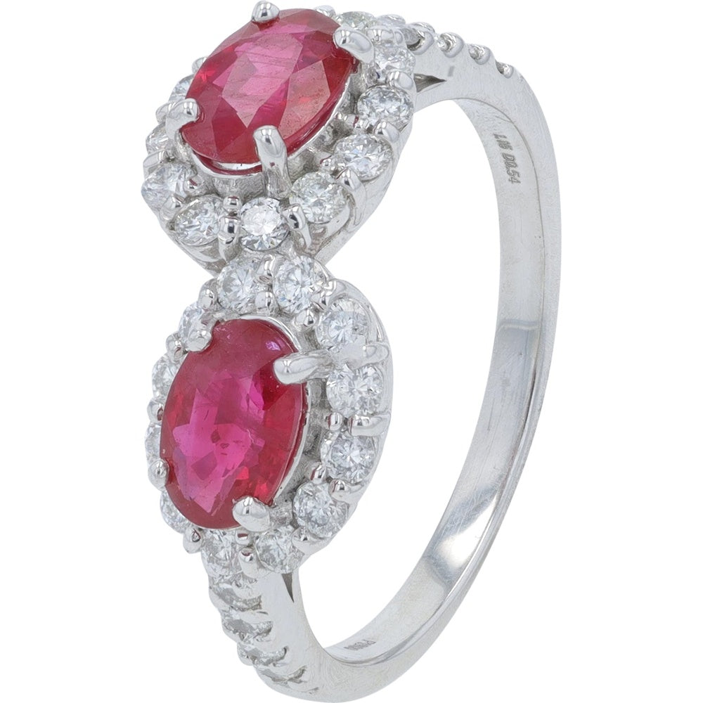 Platinum Bypass Ring with Oval Rubies and Diamond Halos - 1.15 Carat Total Ruby Weight and 0.54 Carat Total Diamond Weight