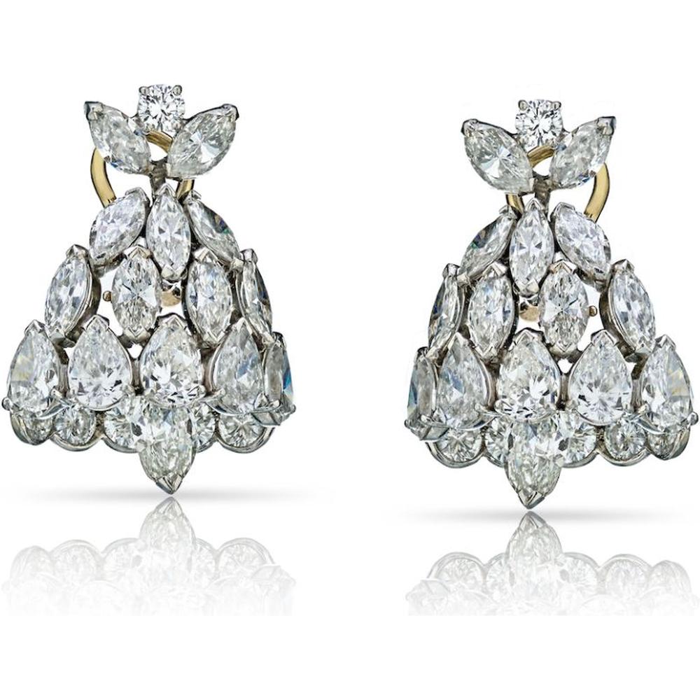 Platinum Cartier Vintage 1950s Drop Earrings with 16 Carats Diamonds - 42 Marquise & Pear-Shaped Diamonds