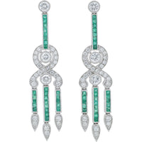 Platinum Chandelier Earrings with Channel-Set Square Emeralds and Pavé Diamond Drops - 1.38 Carat Emerald Total and 2.16 Carat Diamond Total