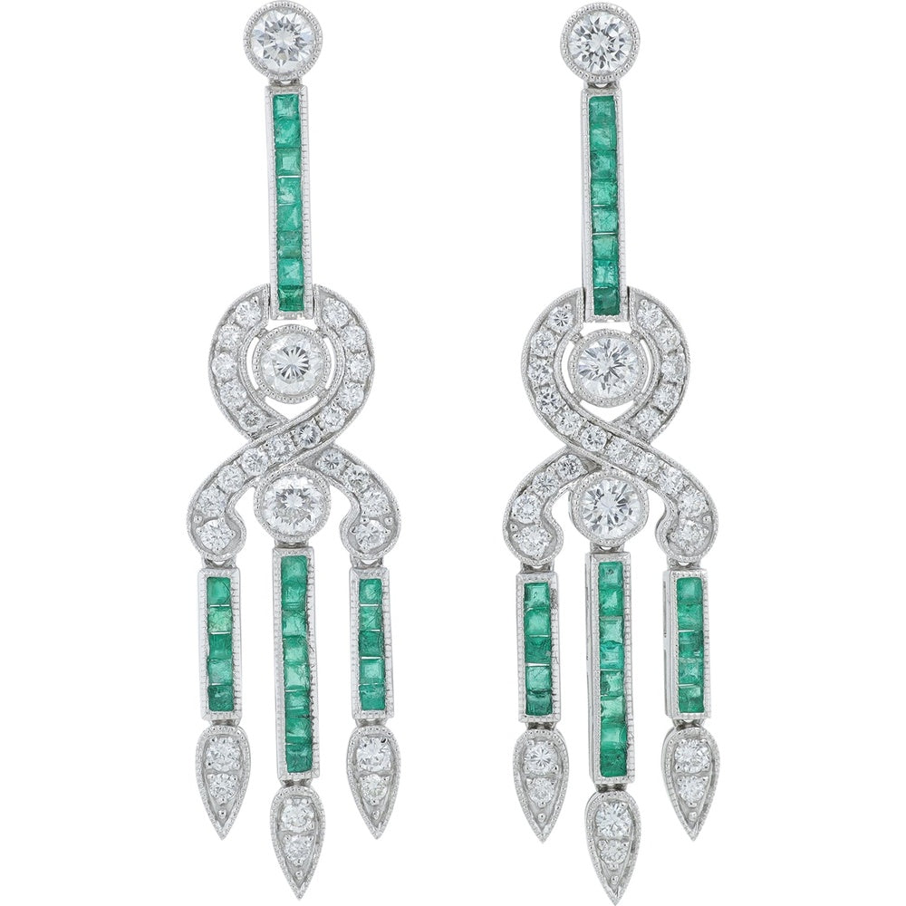 Platinum Chandelier Earrings with Channel-Set Square Emeralds and Pavé Diamond Drops - 1.38 Carat Emerald Total and 2.16 Carat Diamond Total