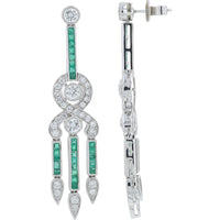 Platinum Chandelier Earrings with Channel-Set Square Emeralds and Pavé Diamond Drops - 1.38 Carat Emerald Total and 2.16 Carat Diamond Total