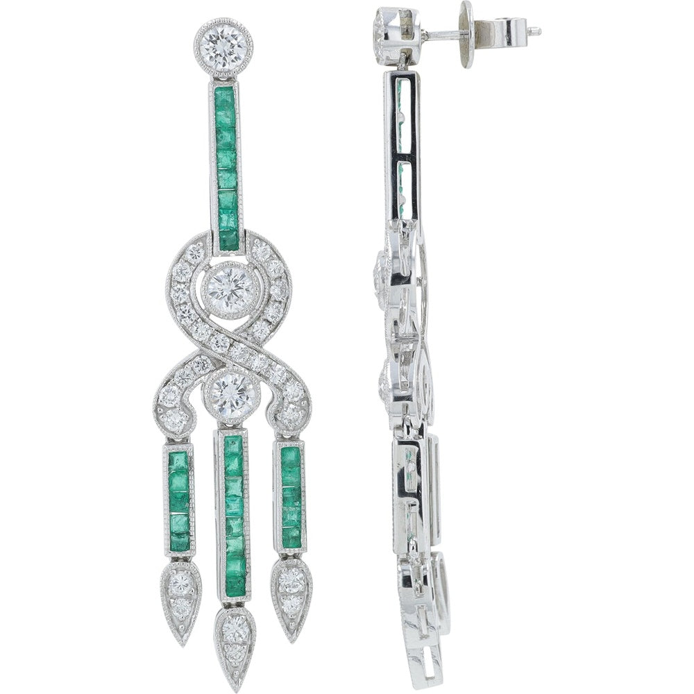 Platinum Chandelier Earrings with Channel-Set Square Emeralds and Pavé Diamond Drops - 1.38 Carat Emerald Total and 2.16 Carat Diamond Total