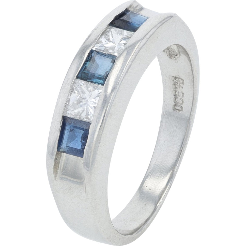 Platinum Channel Set Band with Alternating Square Cut Sapphires and Diamonds - 0.60 Carat Total Sapphire Weight and 0.40 Carat Total Diamond Weight