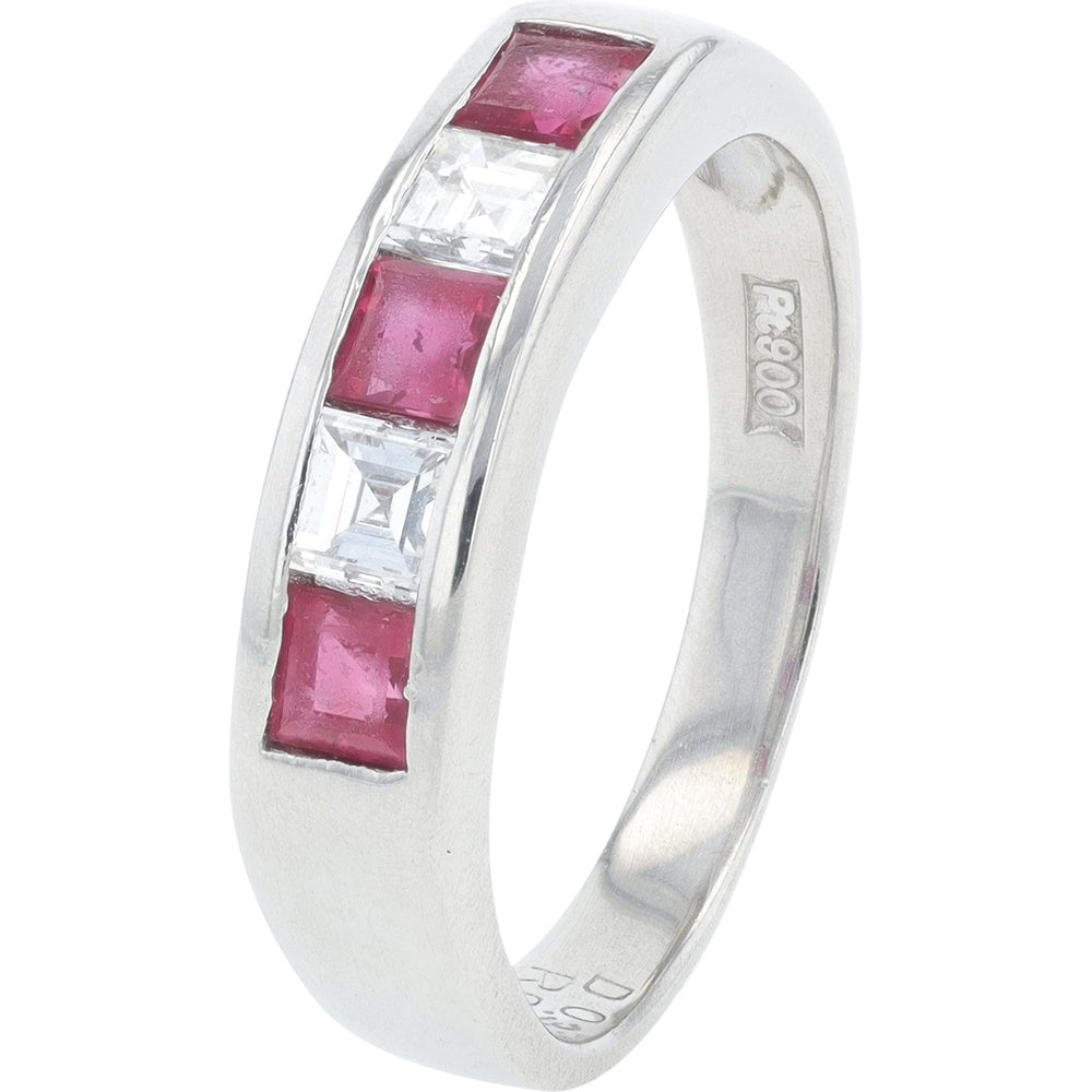 Platinum Channel-Set Square Ruby and Diamond Band - 0.54 Carat Total Ruby Weight and 0.33 Carat Total Diamond Weight