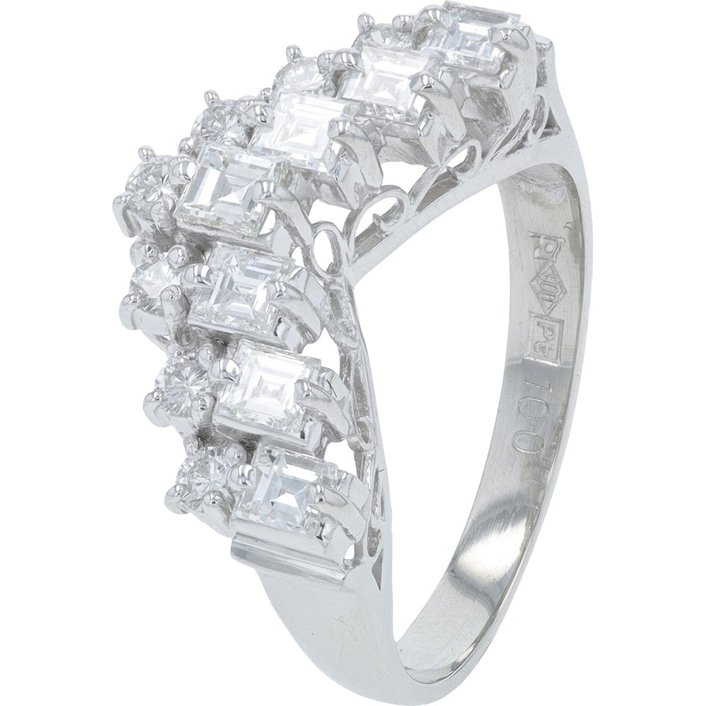Platinum Chevron Band with 1.00 Carat Brilliant Diamond - Size 6 Diamond Accented Anniversary Ring