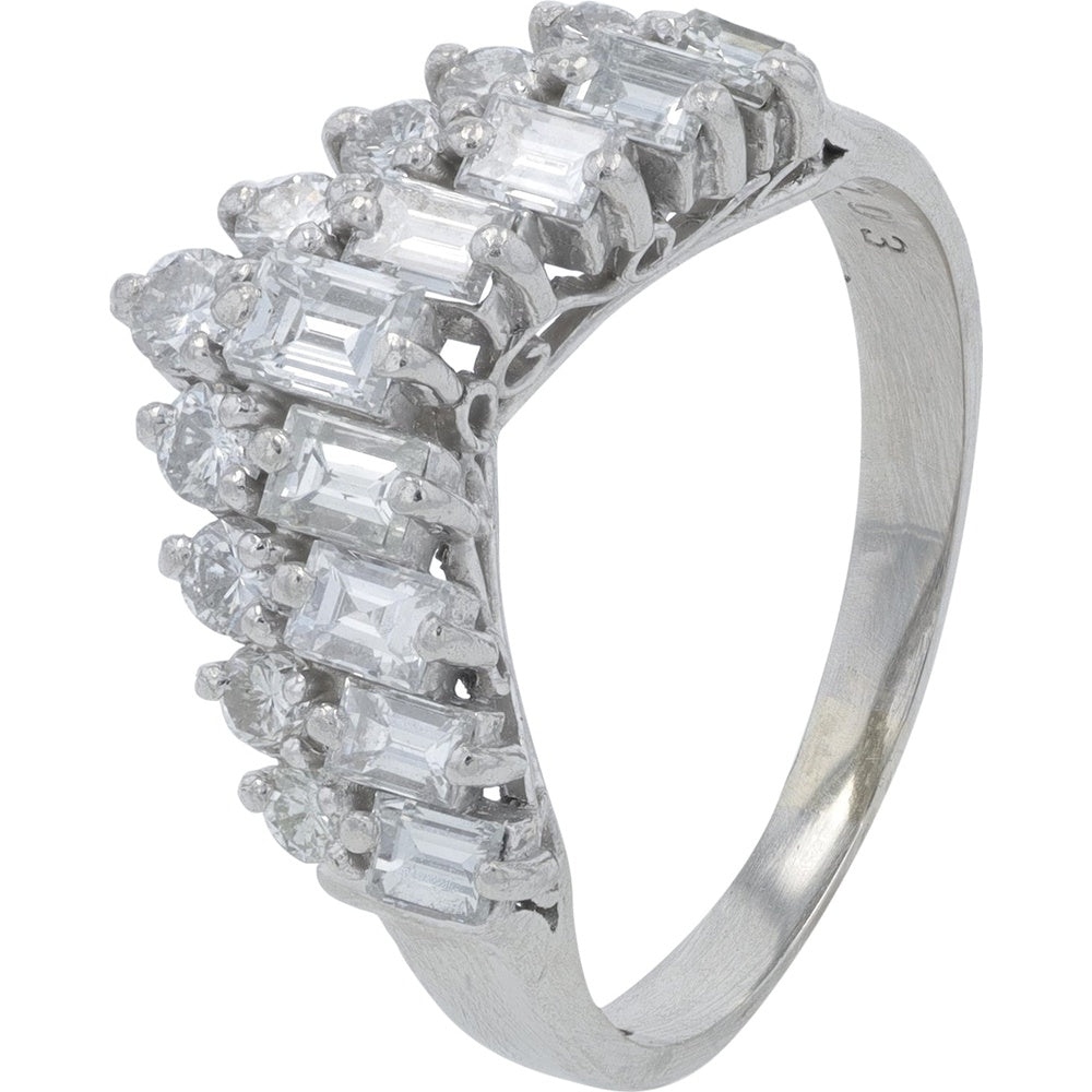 Platinum Chevron Band with Prong-Set Round and Emerald Cut Diamonds - 1.03 Carat Total Diamond Weight