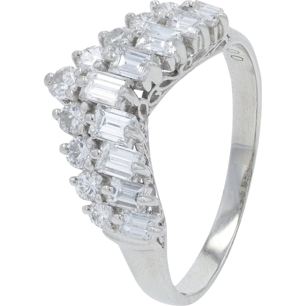 Platinum Chevron Band with Round and Baguette Cut Diamonds - 1.00 Carat Total Diamond Weight
