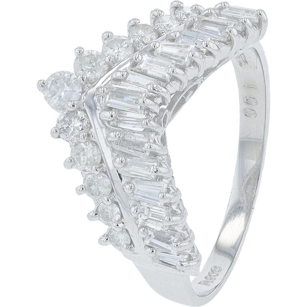 Platinum Chevron Diamond Ring with Round and Baguette Diamonds - 1.00 Carats Total Diamond Weight