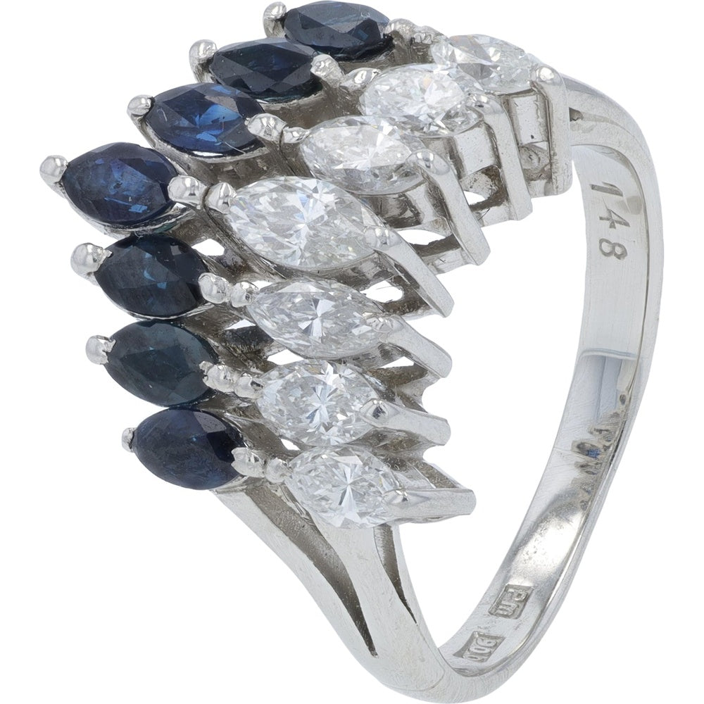 Platinum Chevron Ring with Alternating 0.97 Carat Sapphires and 0.75 Carat Diamonds - Size 6