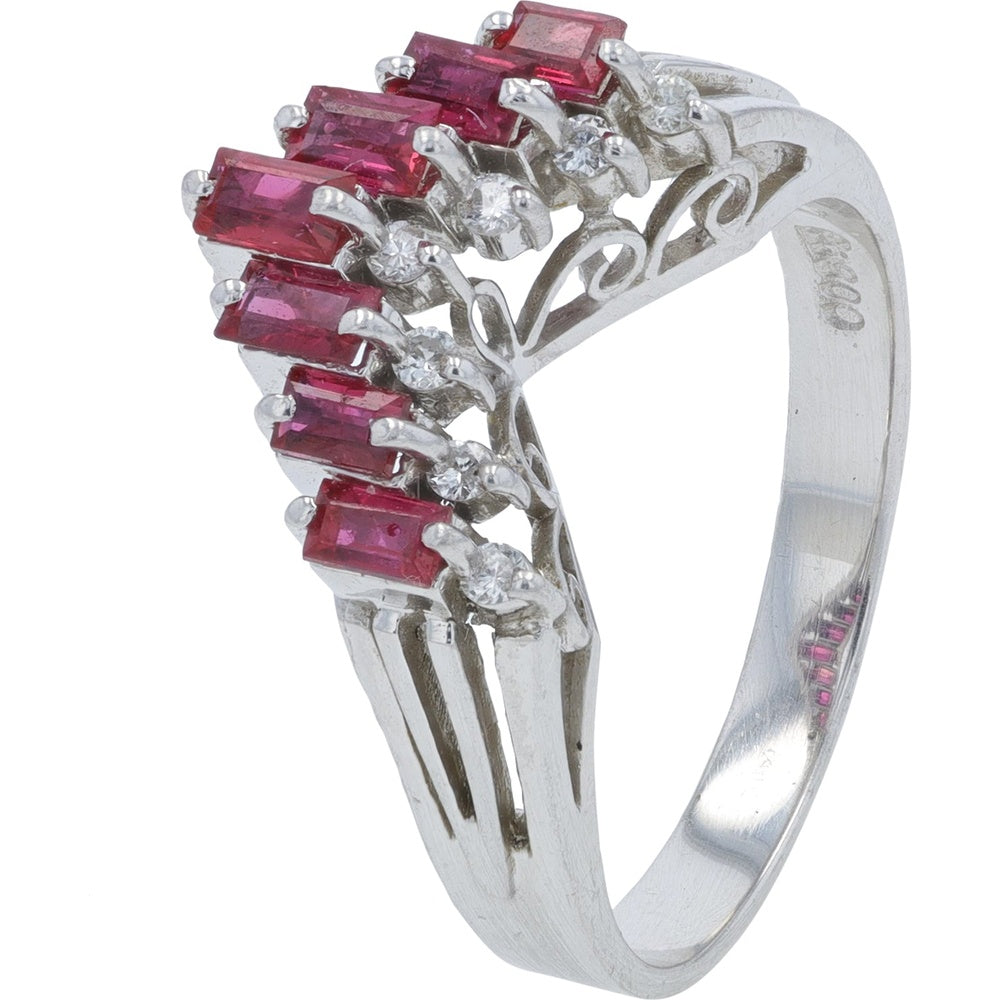 Platinum Chevron Ring with Baguette-Cut Rubies and Round Diamond Accents - 0.57 Carat Total Ruby Weight and 0.07 Carat Total Diamond Weight
