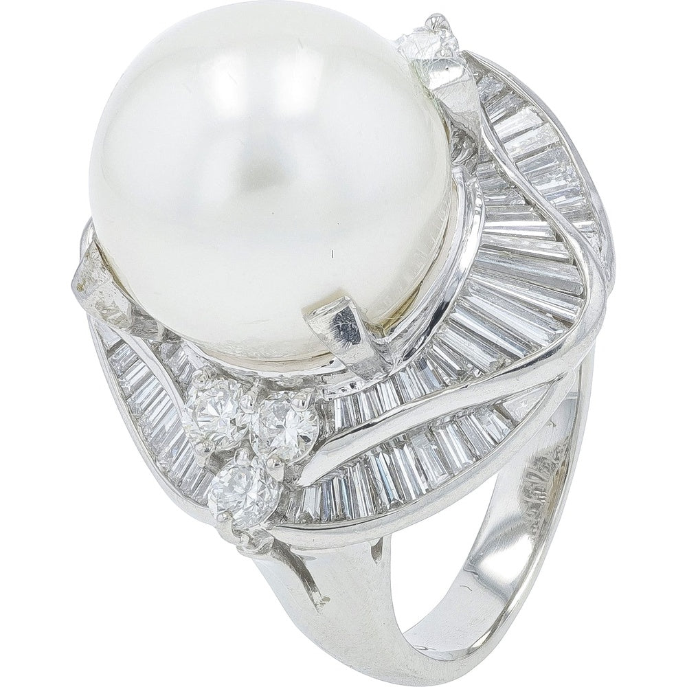 Platinum Cocktail Ring with 12.5mm Pearl and Channel Set Baguette and Round Diamonds - 1.41 Carat Total Diamond Weight