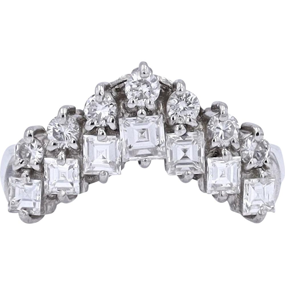 Platinum Curved Diamond Band with Round and Princess Cut Diamonds - 1.02 Carats Total Diamond Weight