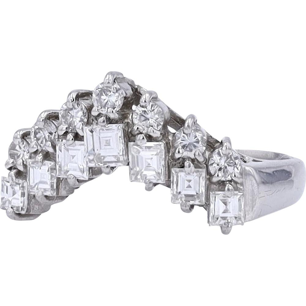 Platinum Curved Diamond Band with Round and Princess Cut Diamonds - 1.02 Carats Total Diamond Weight
