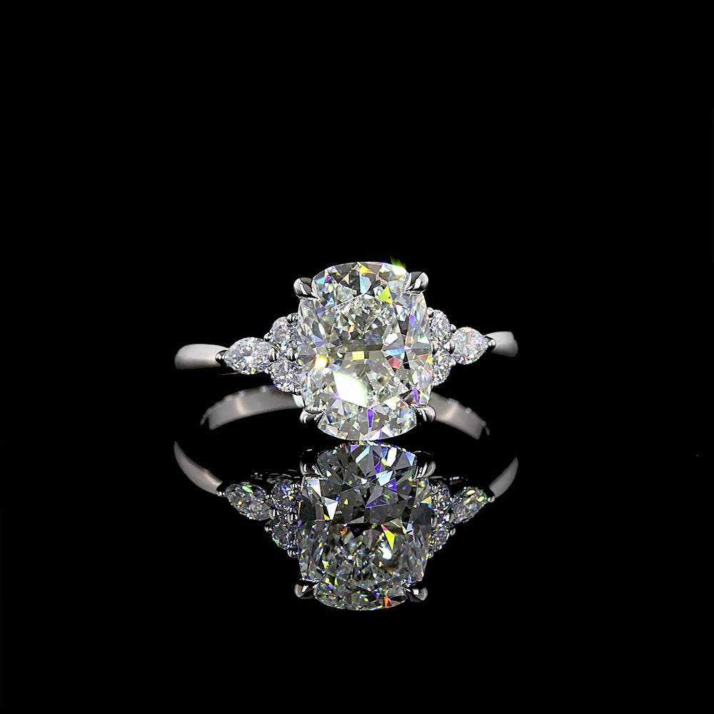 Platinum Cushion Brilliant Cut Lab Diamond Ring with Marquise and Round Side Stones - 2.83 Carat Total Diamond Weight, F VS1 - Covaloro Fine Jewelry